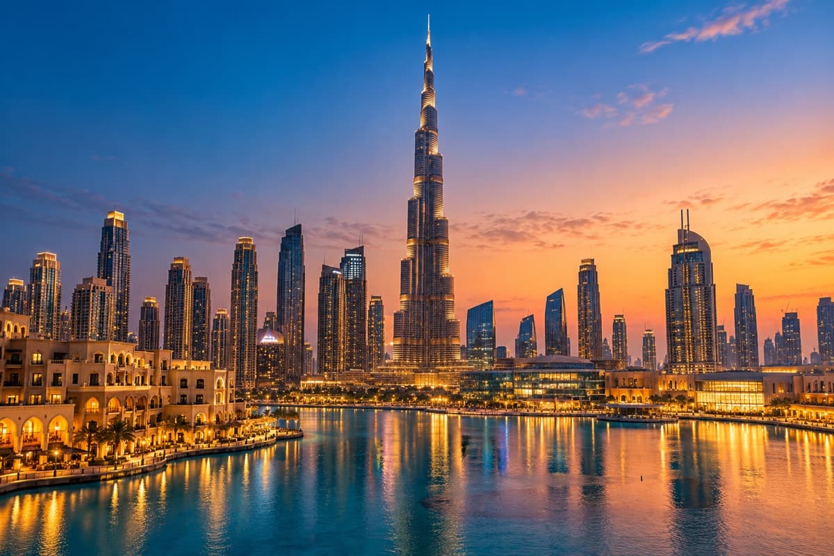 Dubai skyline · Burj Khalifa at sunset with waterfront reflections