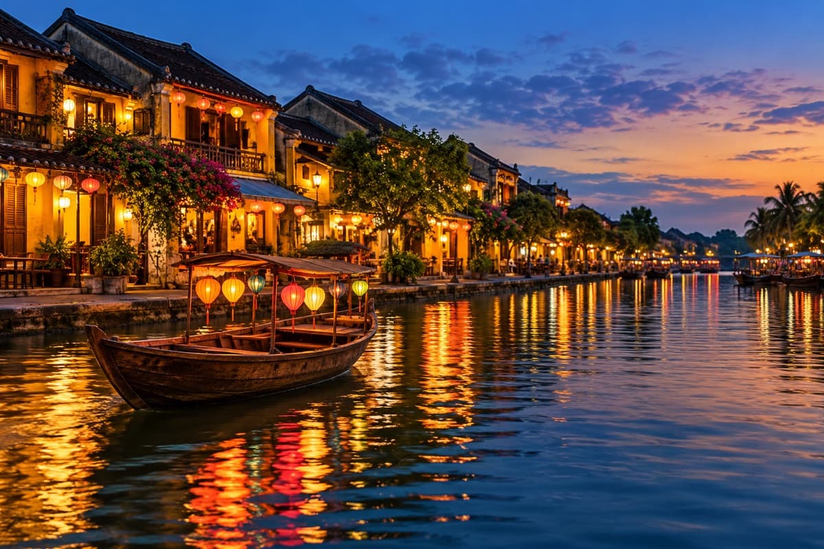 Lantern-lit riverside · Rich blue twilight and warm reflections